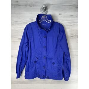 Threehearts Jacket Womens Medium Blue‎ Nylon Windbreaker Button Zip Drawstring